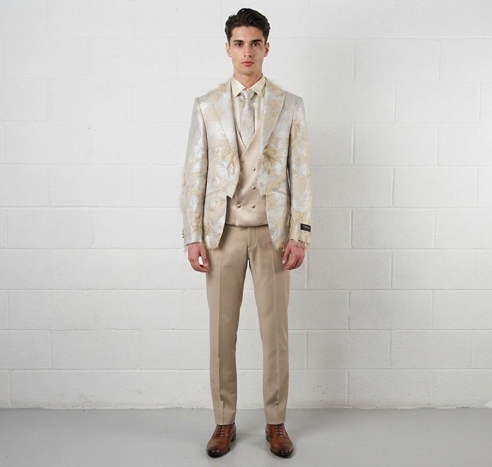 Torres Mens Tuxedo Suit 40 US 50 EU Beige Floral Borcade Tasseled 3pcs Set t12
